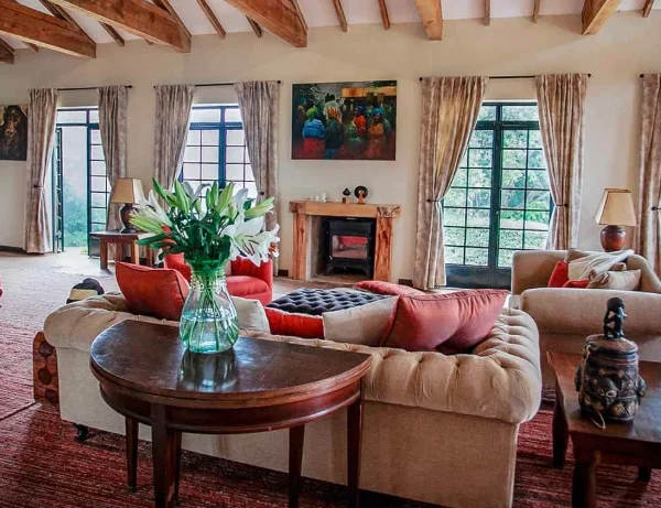 Interior lounge of Clouds Mountain Gorilla Lodge in Bwindi NP Uganda