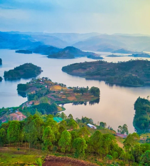 Aerial view of Lake Bunyonyi showcasing its scenic islands and surrounding terraced hills in southwestern Uganda
