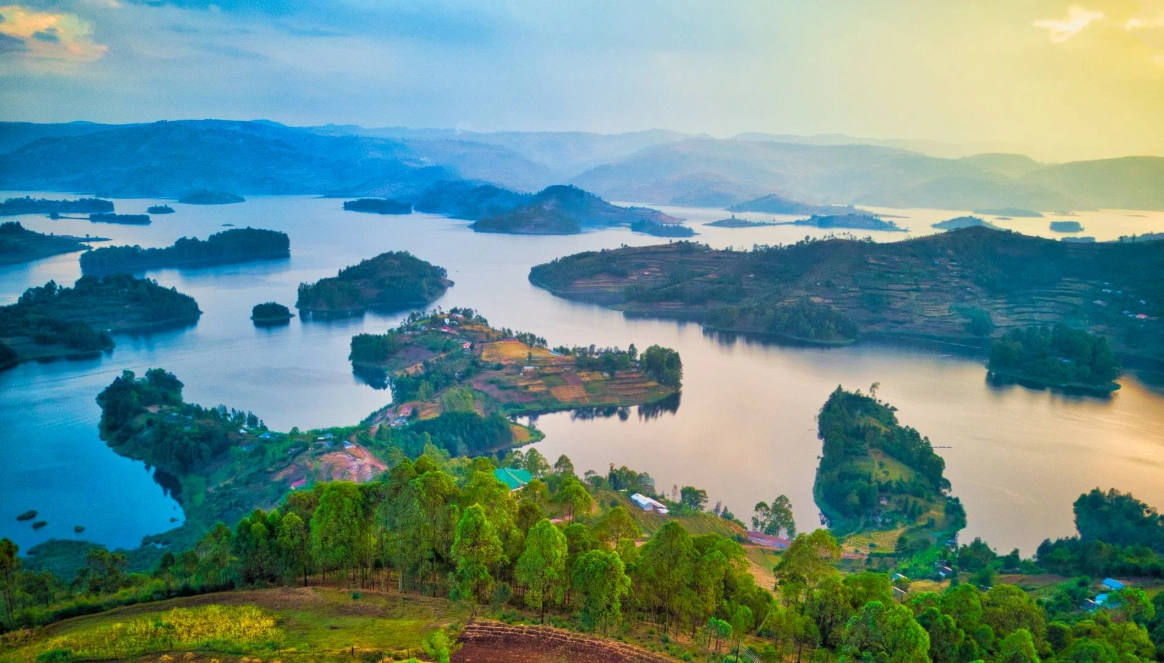 Aerial view of Lake Bunyonyi showcasing its scenic islands and surrounding terraced hills in southwestern Uganda