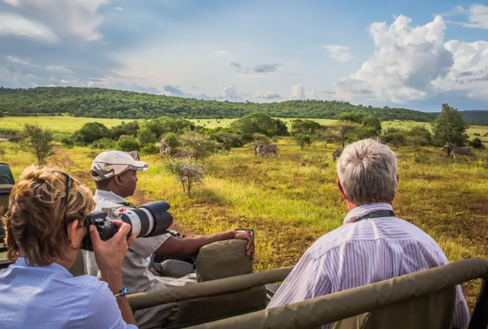 Tourists enjoying a Uganda safari in an open-top van in the wilderness – Uganda safari frequently asked questions