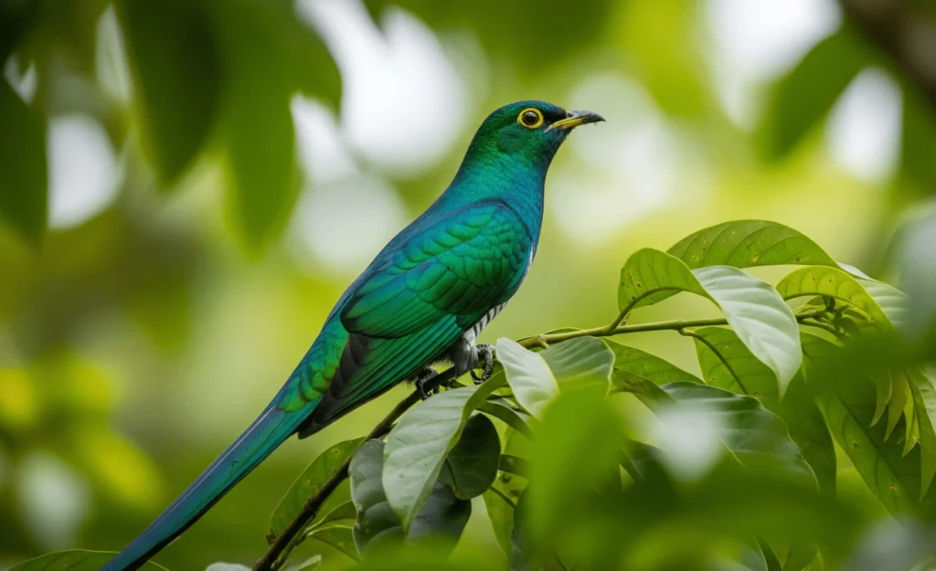 A slender African Emerald Cuckoo, resplendent in shimmering emerald green plumage, blending into the dappled light of a Ugandan forest.
