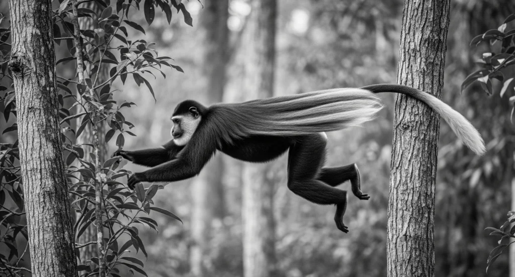 A black-and-white colobus monkey leaping between trees with its long silky cape-like fur trailing mid-air, forest backdrop.