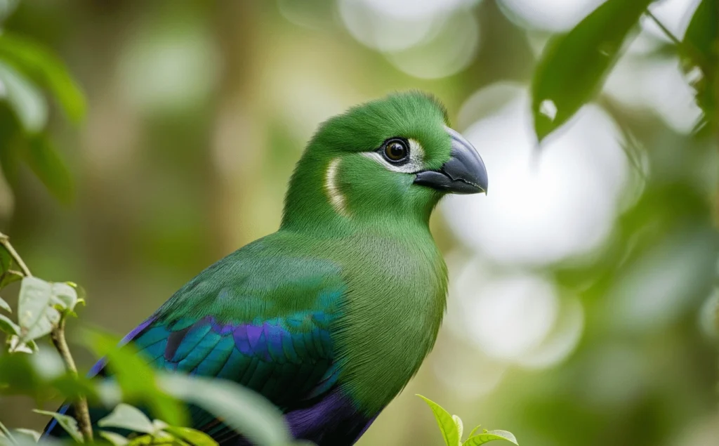 A beautiful Black-billed Turaco with bright green and violet iridescent feathers, its distinctive black bill prominent, amidst the dense foliage of Kibale National Park.