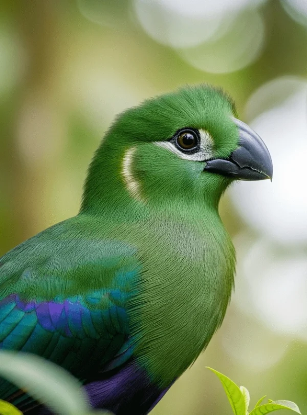 A beautiful Black-billed Turaco with bright green and violet iridescent feathers, its distinctive black bill prominent, amidst the dense foliage of Kibale National Park.