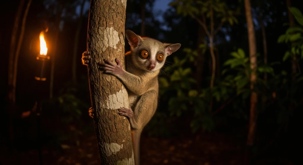 A bush baby clinging to a tree trunk at night, wide glowing eyes reflecting torchlight, background softly blurred in jungle darkness.