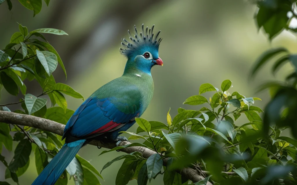 A large, majestic Great Blue Turaco with brilliant blue and green feathers and a prominent crest, perched high in the canopy of a Ugandan forest.