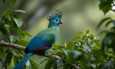 A large, majestic Great Blue Turaco with brilliant blue and green feathers and a prominent crest, perched high in the canopy of a Ugandan forest.