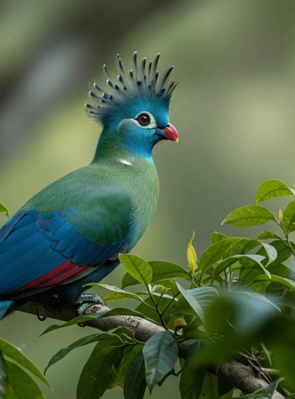 A large, majestic Great Blue Turaco with brilliant blue and green feathers and a prominent crest, perched high in the canopy of a Ugandan forest.