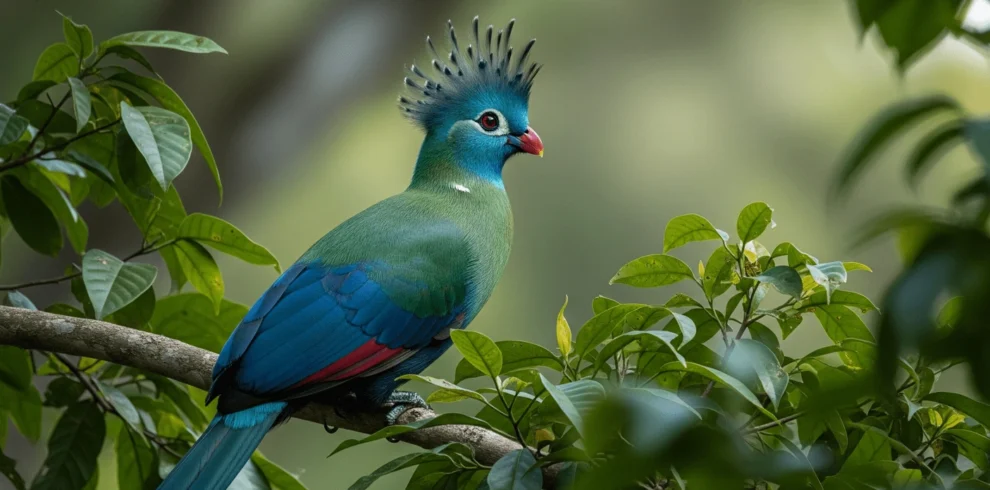 A large, majestic Great Blue Turaco with brilliant blue and green feathers and a prominent crest, perched high in the canopy of a Ugandan forest.