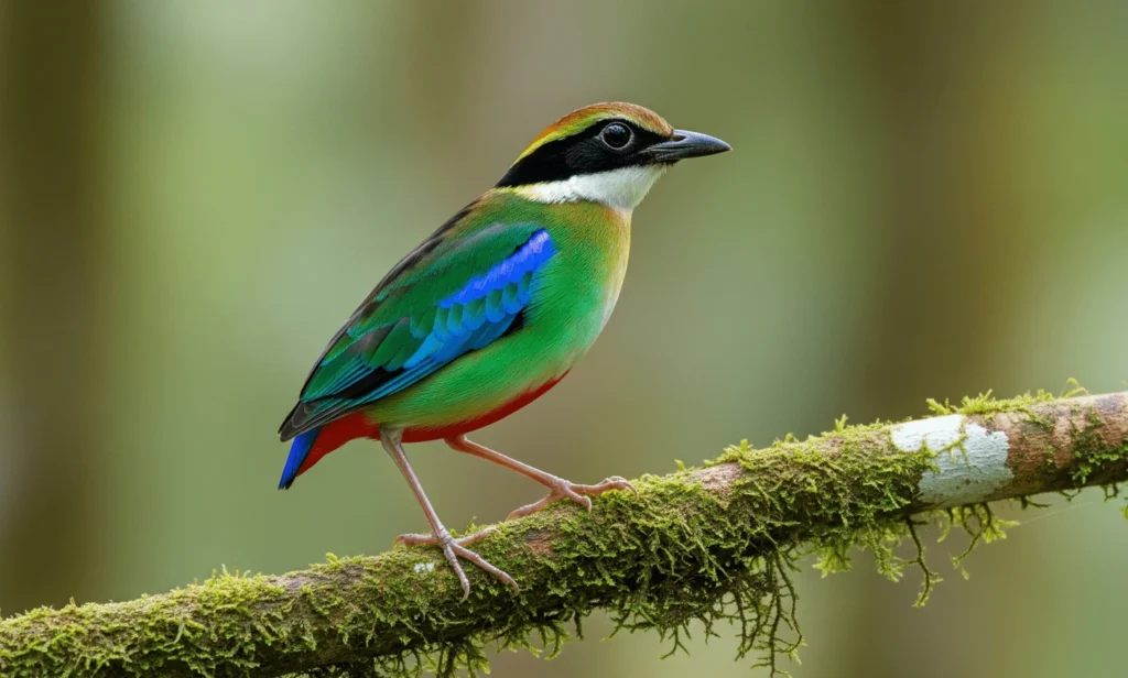 A vibrant Green-breasted Pitta with iridescent green, blue, and black plumage perched on a mossy branch in Uganda's Kibale Forest.