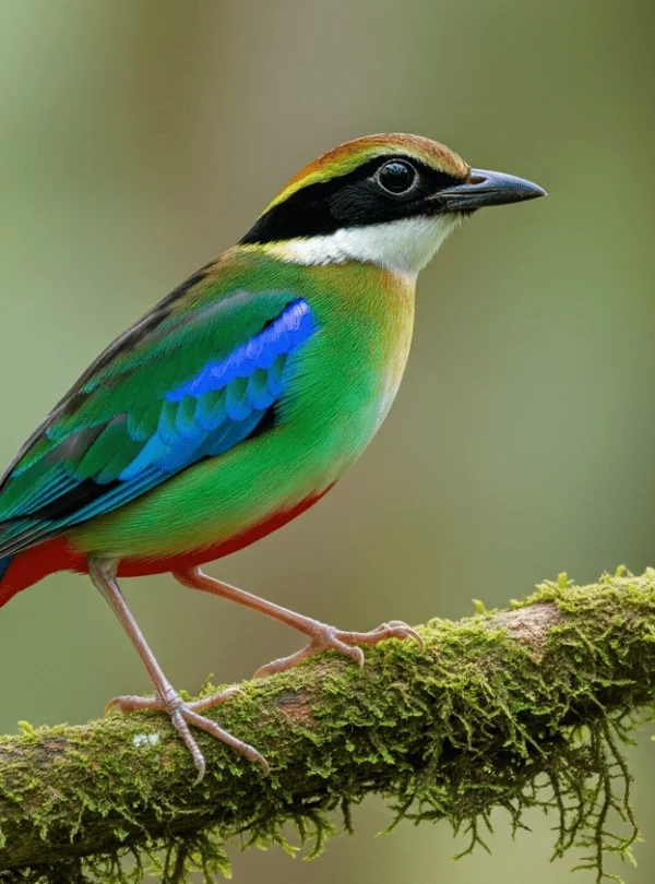 A vibrant Green-breasted Pitta with iridescent green, blue, and black plumage perched on a mossy branch in Uganda's Kibale Forest.
