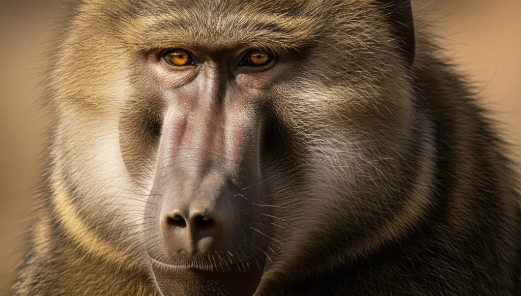 A close-up portrait of a large male olive baboon with intense amber eyes and thick fur, face weathered and expressive, shallow depth of field.