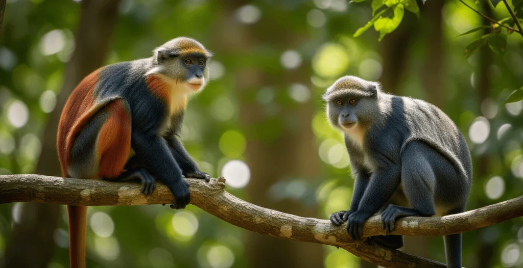 A red-tailed monkey and a blue monkey sitting on adjacent branches, vibrant tail and cheek tufts visible, dappled forest light.