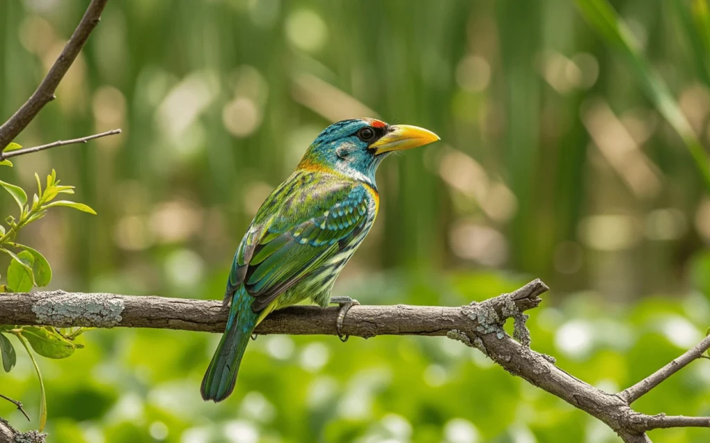 A colorful Yellow-billed Barbet displaying its striking yellow bill and patterned plumage, perched on a branch in Uganda's Bigodi Wetland Sanctuary.