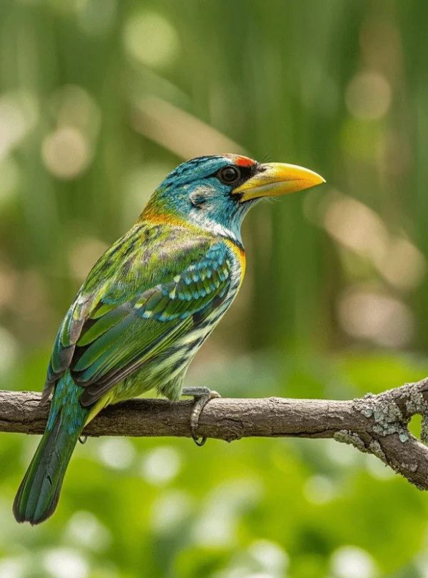 A colorful Yellow-billed Barbet displaying its striking yellow bill and patterned plumage, perched on a branch in Uganda's Bigodi Wetland Sanctuary.
