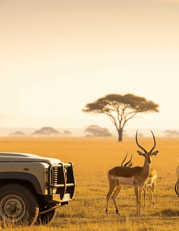 A safari truck parked on a golden savanna with people watching a herd of antelopes under soft morning light, distant acacia trees, cinematic angle.