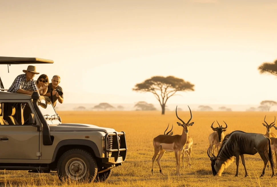 A safari truck parked on a golden savanna with people watching a herd of antelopes under soft morning light, distant acacia trees, cinematic angle.