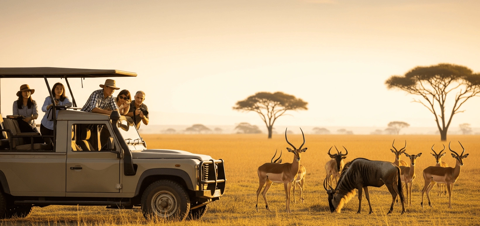 A safari truck parked on a golden savanna with people watching a herd of antelopes under soft morning light, distant acacia trees, cinematic angle.
