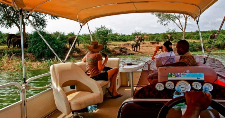 Boat full of tourists taking photos of elephants along the banks of Kazinga Channel