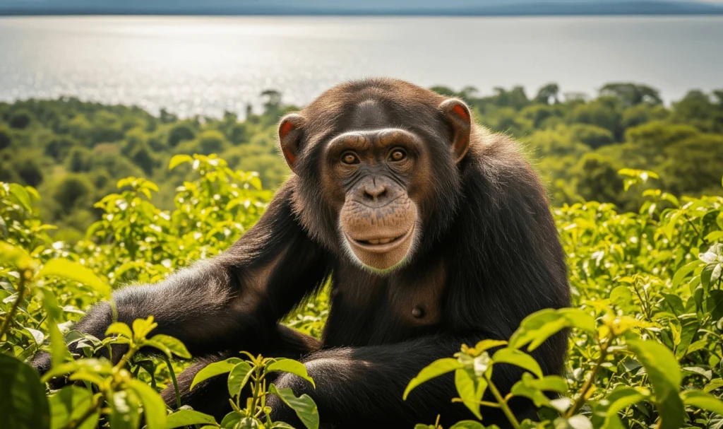 A close-up of a playful chimpanzee on Ngamba Island, sitting amongst lush greenery, with Lake Victoria visible in the background.