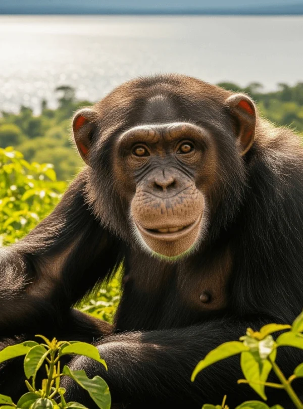 A close-up of a playful chimpanzee on Ngamba Island, sitting amongst lush greenery, with Lake Victoria visible in the background.