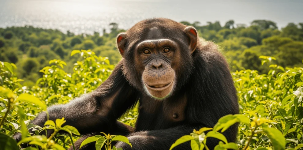A close-up of a playful chimpanzee on Ngamba Island, sitting amongst lush greenery, with Lake Victoria visible in the background.