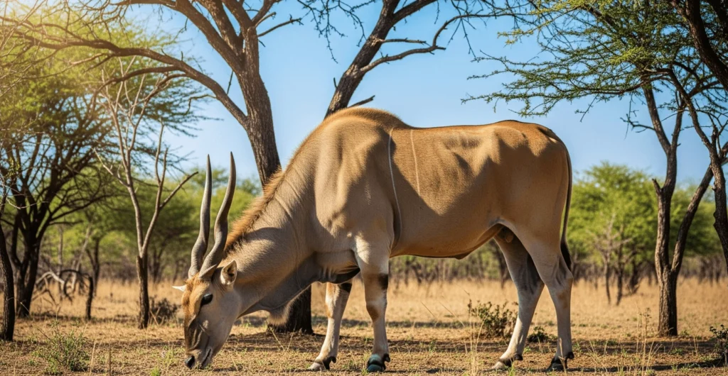 A massive eland bull grazing in open woodland, spiral horns and light tan coat visible, with scattered trees and blue sky.