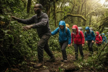 Trekkers in rain jackets and boots cutting through the thick, tangled forest of Bwindi with a guide leading the way.