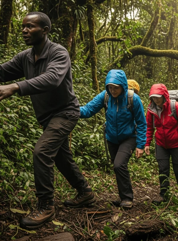 Trekkers in rain jackets and boots cutting through the thick, tangled forest of Bwindi with a guide leading the way.