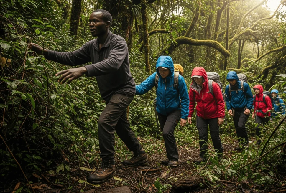 Trekkers in rain jackets and boots cutting through the thick, tangled forest of Bwindi with a guide leading the way.