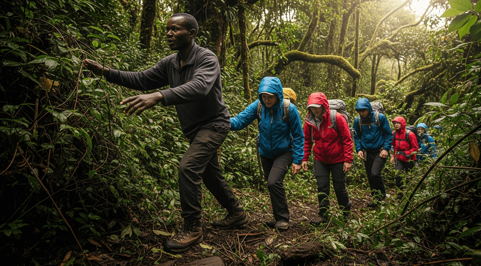 Trekkers in rain jackets and boots cutting through the thick, tangled forest of Bwindi with a guide leading the way.