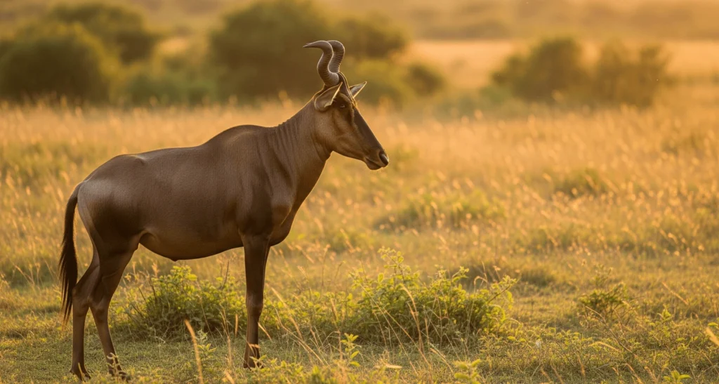 A Jackson’s hartebeest in profile on open savanna, with elongated face and high shoulders, warm late afternoon sunlight.