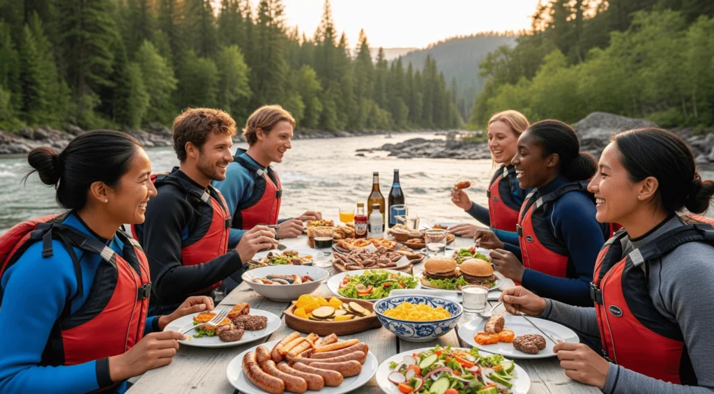 A vibrant shot of a delicious riverside BBQ spread with rafters enjoying their meal after the adventure.