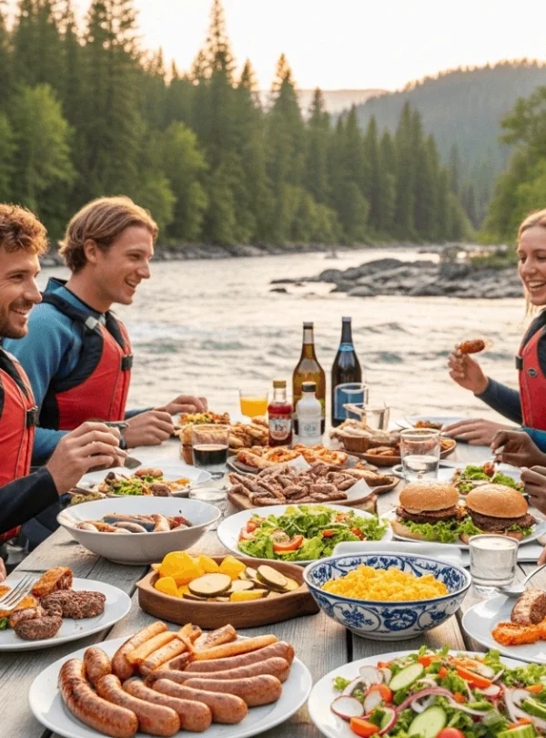 A vibrant shot of a delicious riverside BBQ spread with rafters enjoying their meal after the adventure.