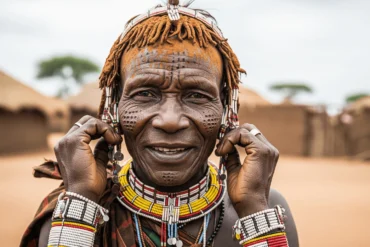 A close-up portrait of a Karamojong elder or young warrior. Focus on traditional adornments—beaded jewelry, scarification, ochre-smeared hair, or unique clothing.