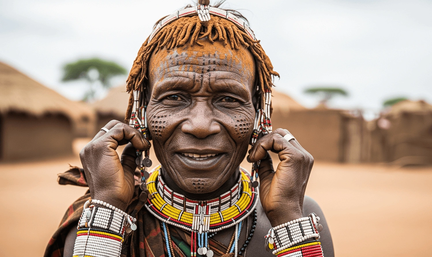 A close-up portrait of a Karamojong elder or young warrior. Focus on traditional adornments—beaded jewelry, scarification, ochre-smeared hair, or unique clothing.