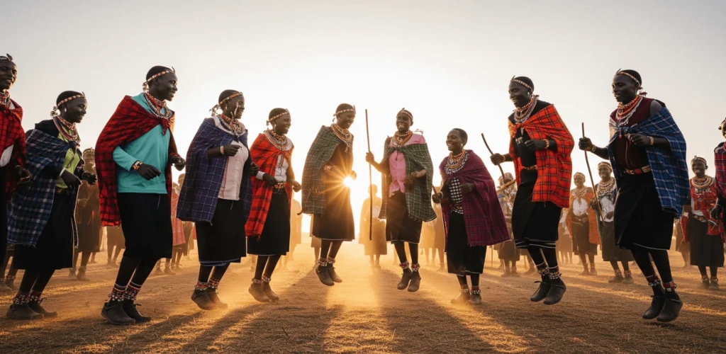 A wide-angle shot of a joyful Karamojong jumping dance or a group engaged in a community activity