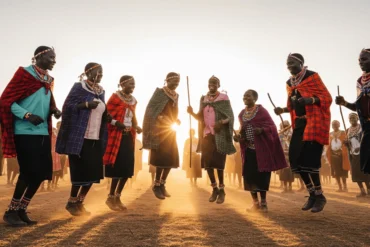 A wide-angle shot of a joyful Karamojong jumping dance or a group engaged in a community activity