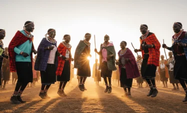 A wide-angle shot of a joyful Karamojong jumping dance or a group engaged in a community activity