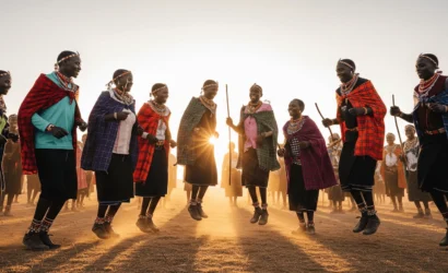 A wide-angle shot of a joyful Karamojong jumping dance or a group engaged in a community activity