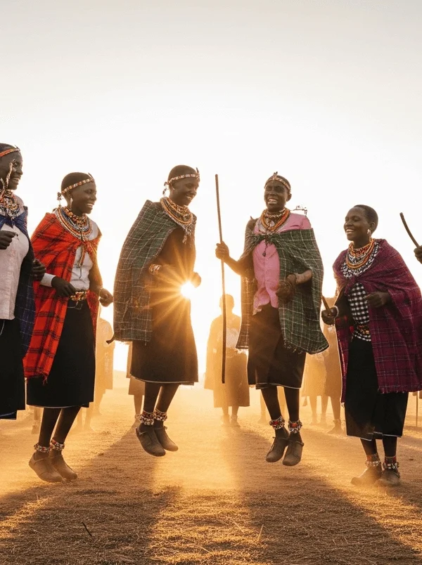 A wide-angle shot of a joyful Karamojong jumping dance or a group engaged in a community activity