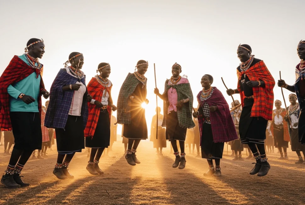 A wide-angle shot of a joyful Karamojong jumping dance or a group engaged in a community activity