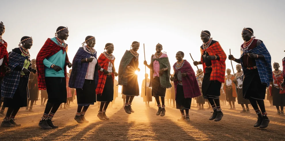 A wide-angle shot of a joyful Karamojong jumping dance or a group engaged in a community activity