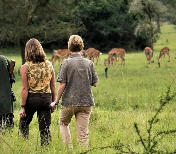 A couple on a guided walking safari in Lake Mburo National Park.