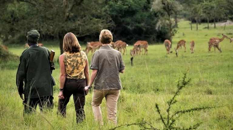 A couple on a guided walking safari in Lake Mburo National Park.