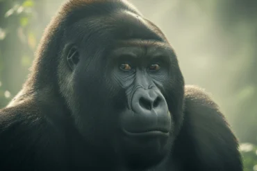 A detailed shot of a mountain gorilla’s face with mist and lush foliage framing the image.