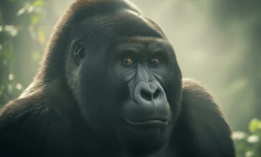 A detailed shot of a mountain gorilla’s face with mist and lush foliage framing the image.
