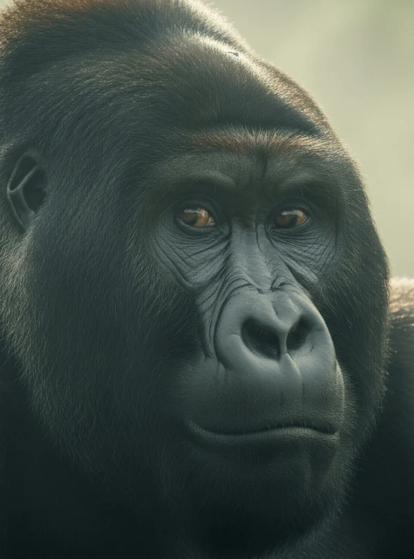 A detailed shot of a mountain gorilla’s face with mist and lush foliage framing the image.