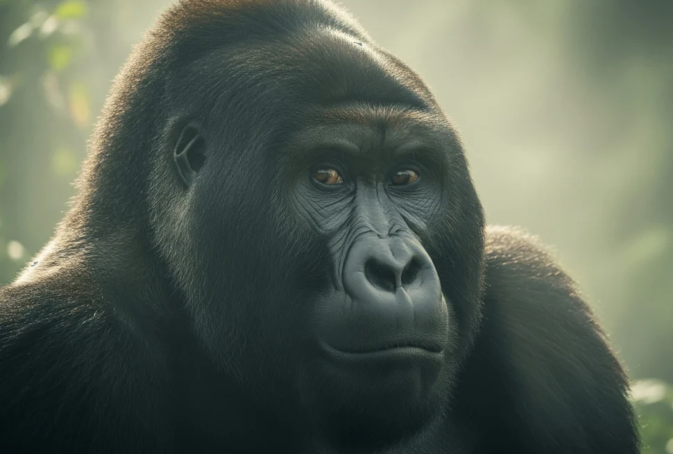 A detailed shot of a mountain gorilla’s face with mist and lush foliage framing the image.