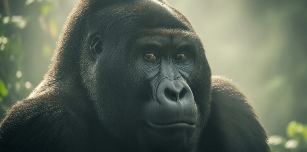 A detailed shot of a mountain gorilla’s face with mist and lush foliage framing the image.